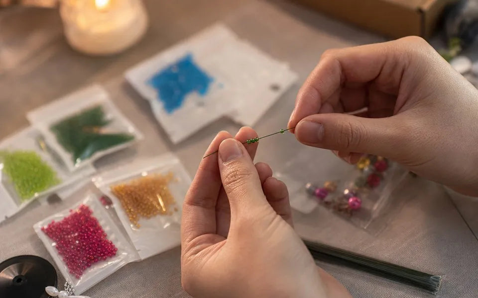 Close-up of hands threading green beads onto wire stems from the Fleva beaded tree kit