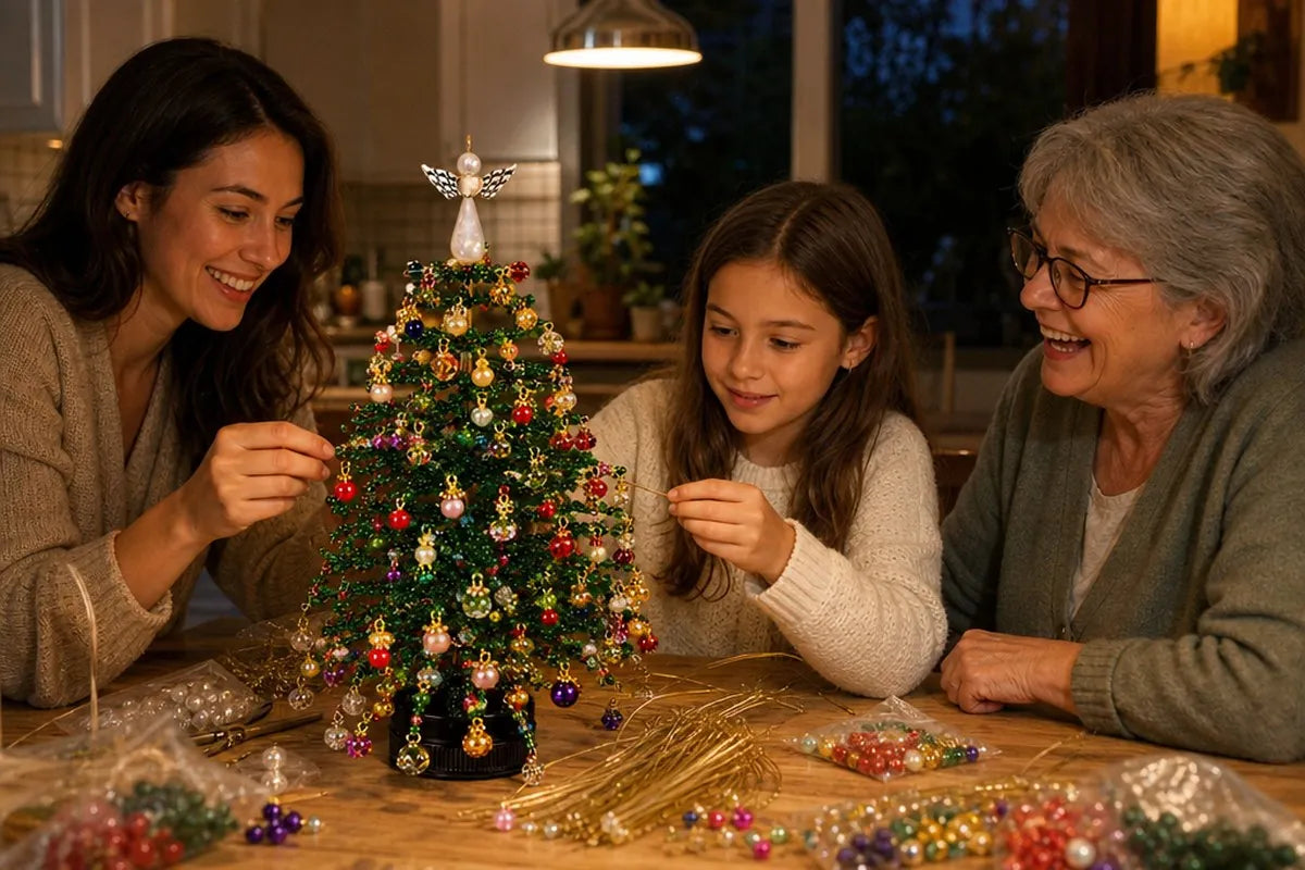 Family crafting the Fleva beaded Christmas tree kit together at the table