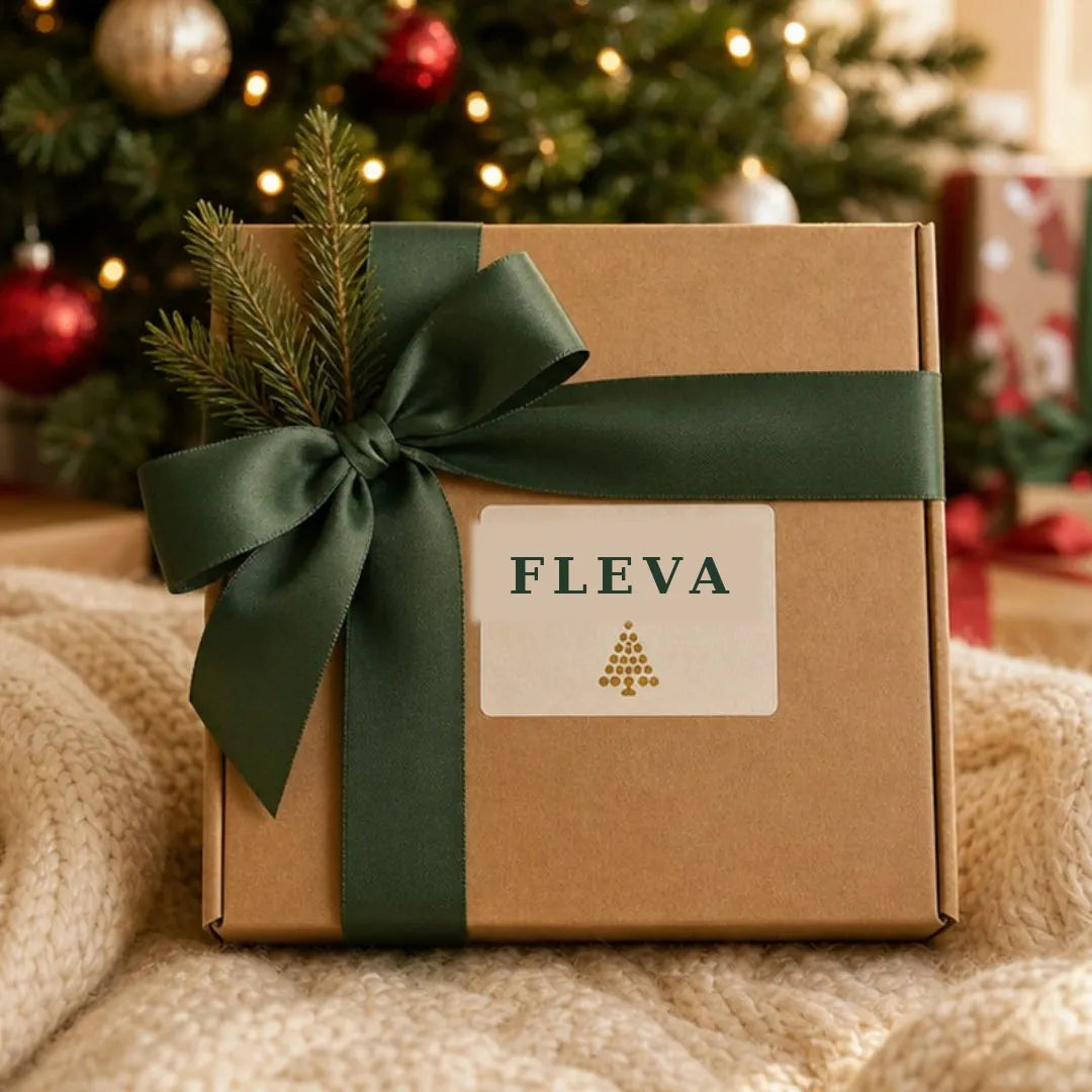 Fleva beaded Christmas tree kit in a kraft gift box with a green ribbon, ready for Christmas gifting
