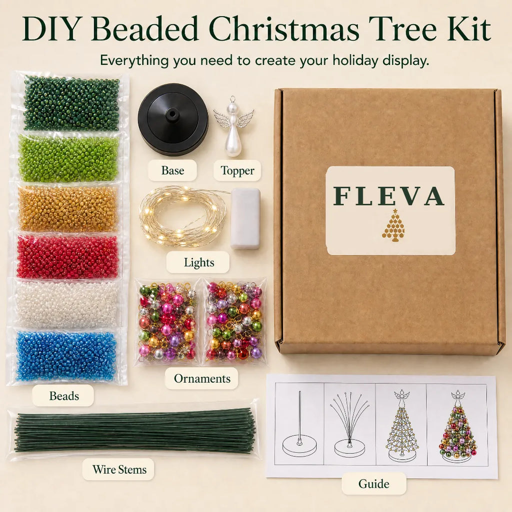 Fleva DIY beaded Christmas tree kit contents: beads, wire stems, base, angel topper, string lights, ornaments and instruction guide