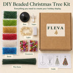 Fleva DIY beaded Christmas tree kit contents: beads, wire stems, base, angel topper, string lights, ornaments and instruction guide