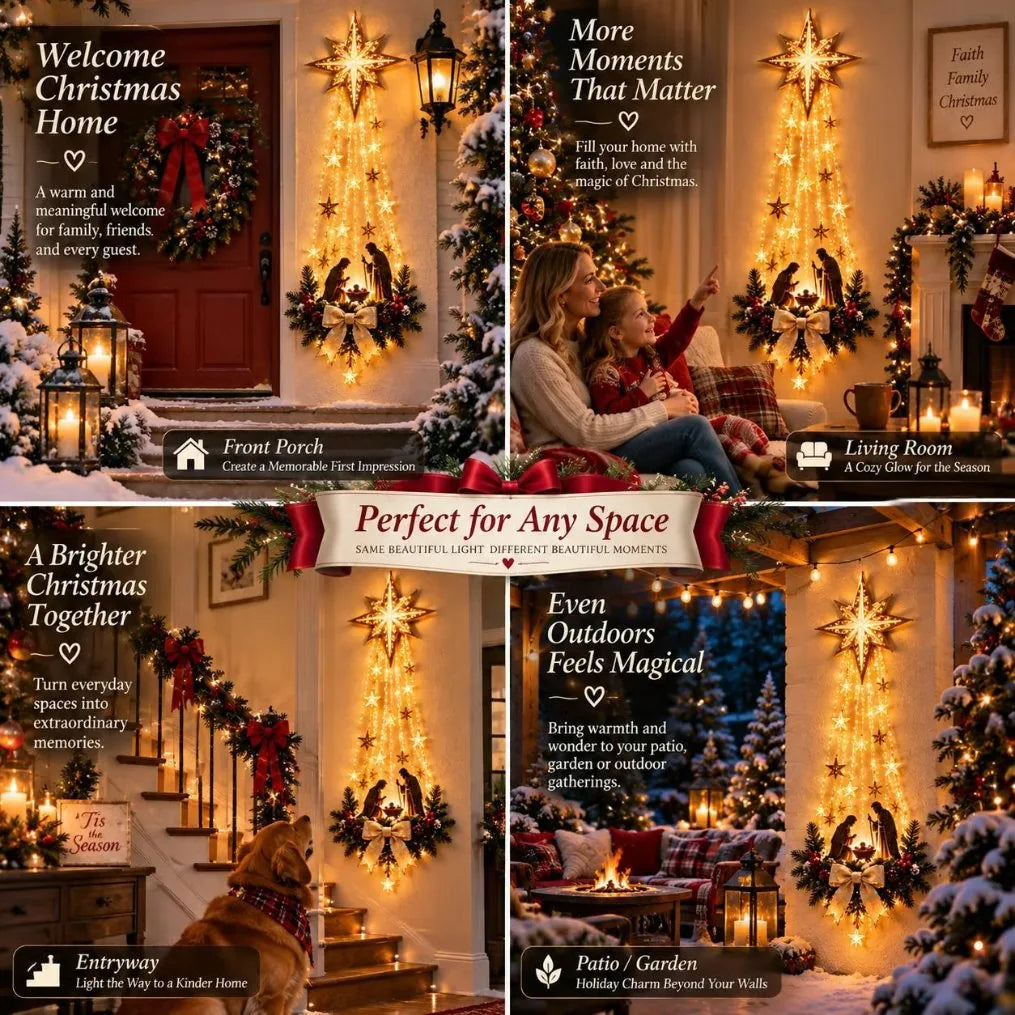 One Bethlehem Star nativity light, four beautiful spaces — front porch, living room, entryway and patio Christmas wall decor