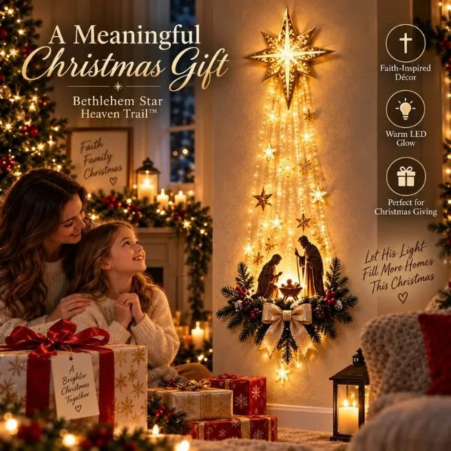 A meaningful Christmas gift — mother and daughter looking up at the glowing Bethlehem Star nativity light