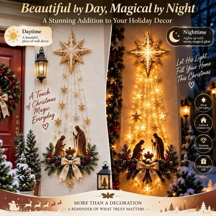Beautiful by day, magical by night — the Bethlehem Star nativity wall light as elegant wall decor by day and a warm glowing display after dark