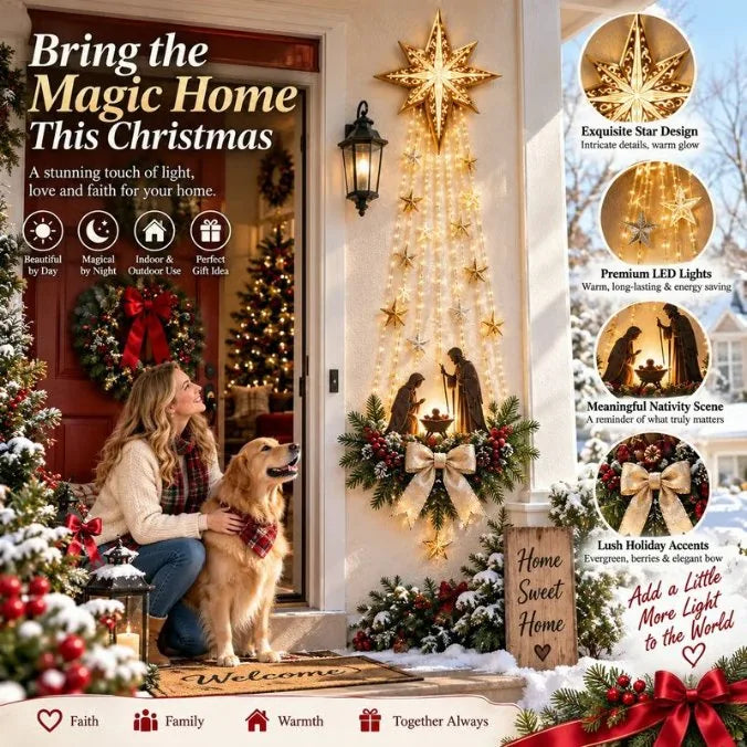 Bring the magic home — Bethlehem Star nativity wall light welcoming guests at the front door, with exquisite star design and lush holiday accents