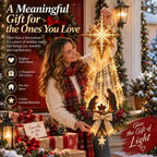 A meaningful gift for the ones you love — a woman holding the light-up Bethlehem Star nativity wall decoration among Christmas gifts