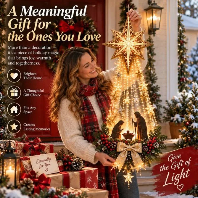 A meaningful gift for the ones you love — a woman holding the light-up Bethlehem Star nativity wall decoration among Christmas gifts
