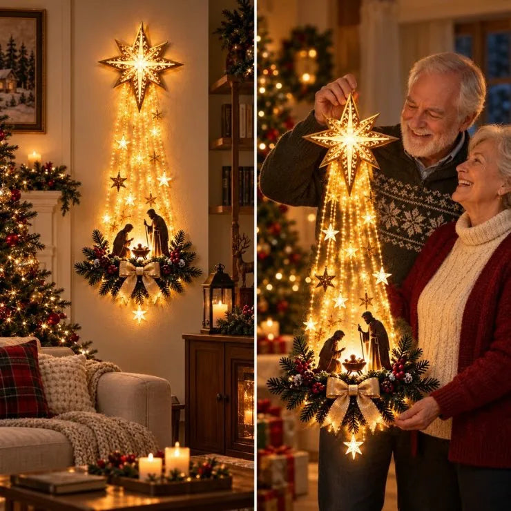 Bethlehem Star nativity wall light glowing in a cosy living room, and an older couple holding the lighted nativity decoration
