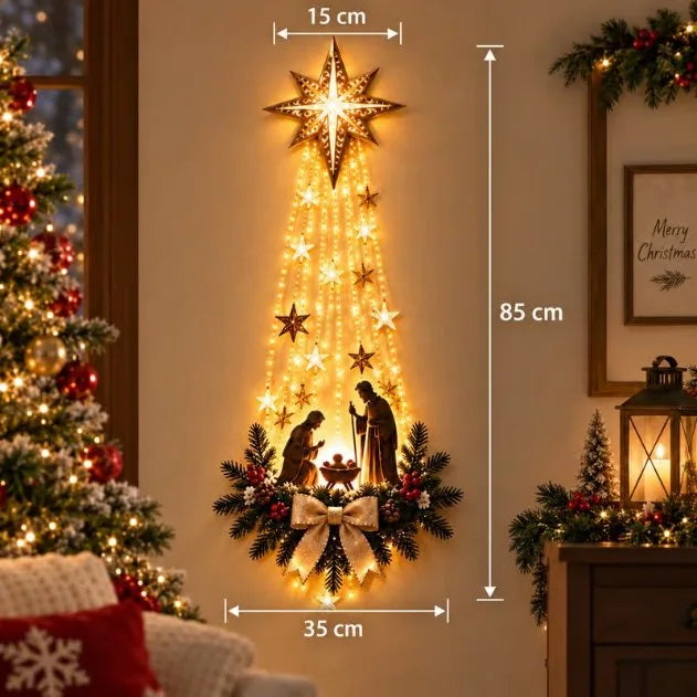 Size guide: Bethlehem Star nativity wall light measures 85 cm tall and 35 cm wide, with a 15 cm layered Bethlehem star