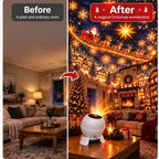 Before and after: a plain ordinary room transformed into a magical Christmas wonderland by the projection night light