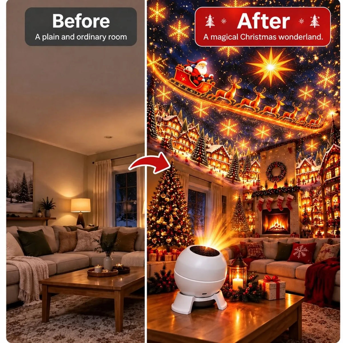 Before and after: a plain ordinary room transformed into a magical Christmas wonderland by the projection night light