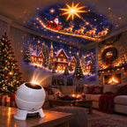 Christmas projection night light filling a living room ceiling with Santa's sleigh, reindeer and a glowing snowy village scene