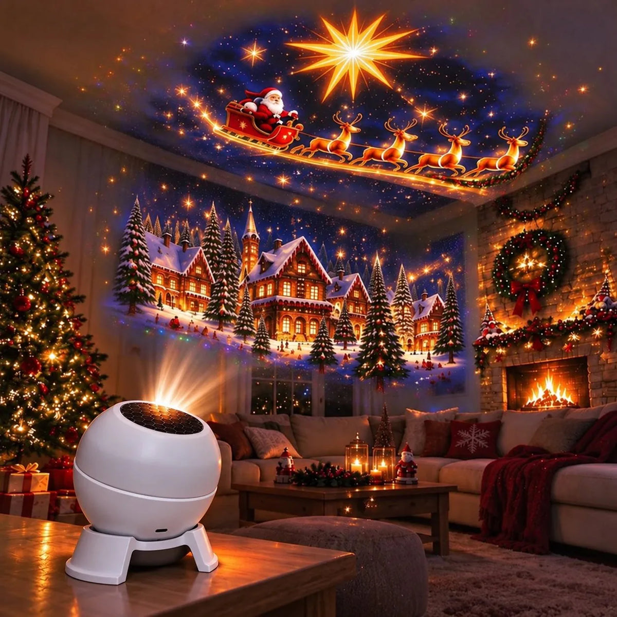 Christmas projection night light filling a living room ceiling with Santa's sleigh, reindeer and a glowing snowy village scene
