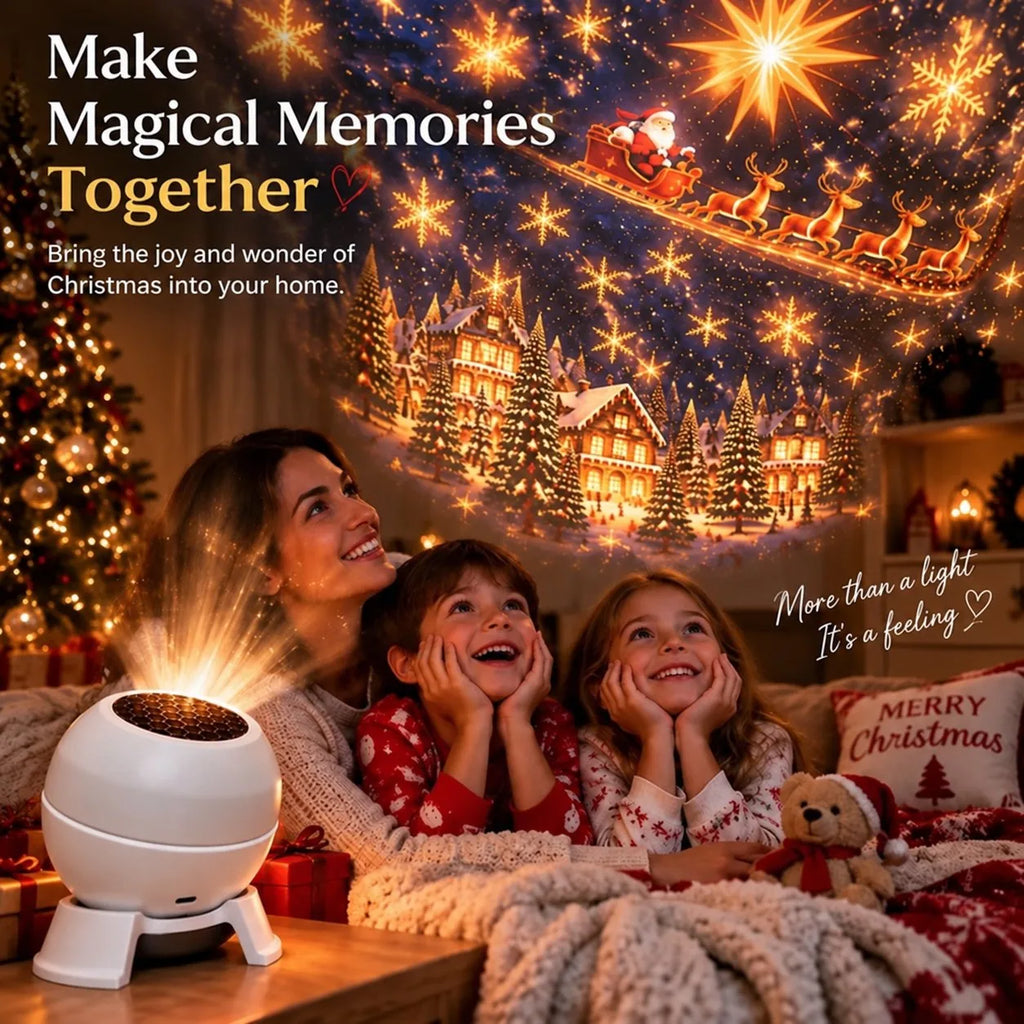 Make magical memories together — a mother and children watching the Christmas projection glow across the ceiling