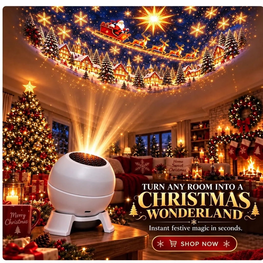 The projection night light casts a full Christmas village and Santa sleigh scene across the whole ceiling