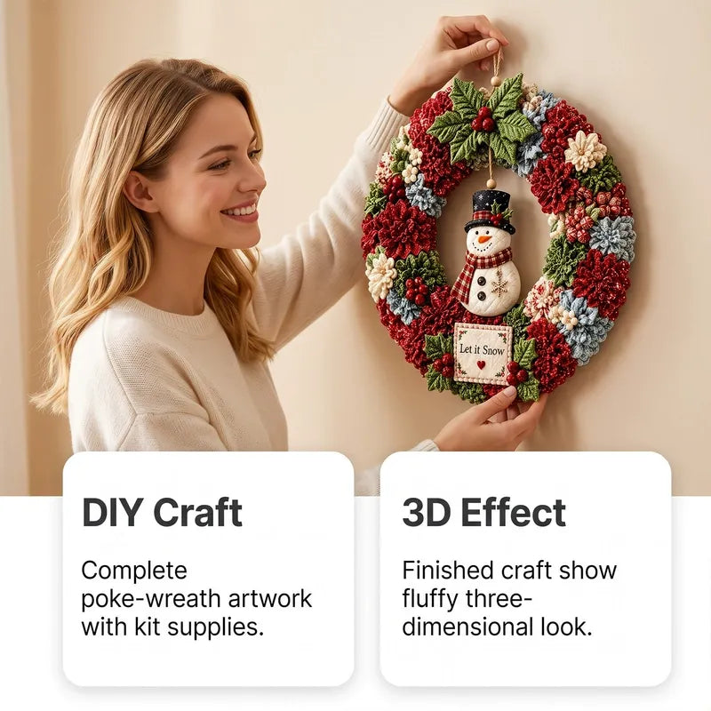 Making the FLEVA fabric poke wreath — finished Snowman wreath held up at home