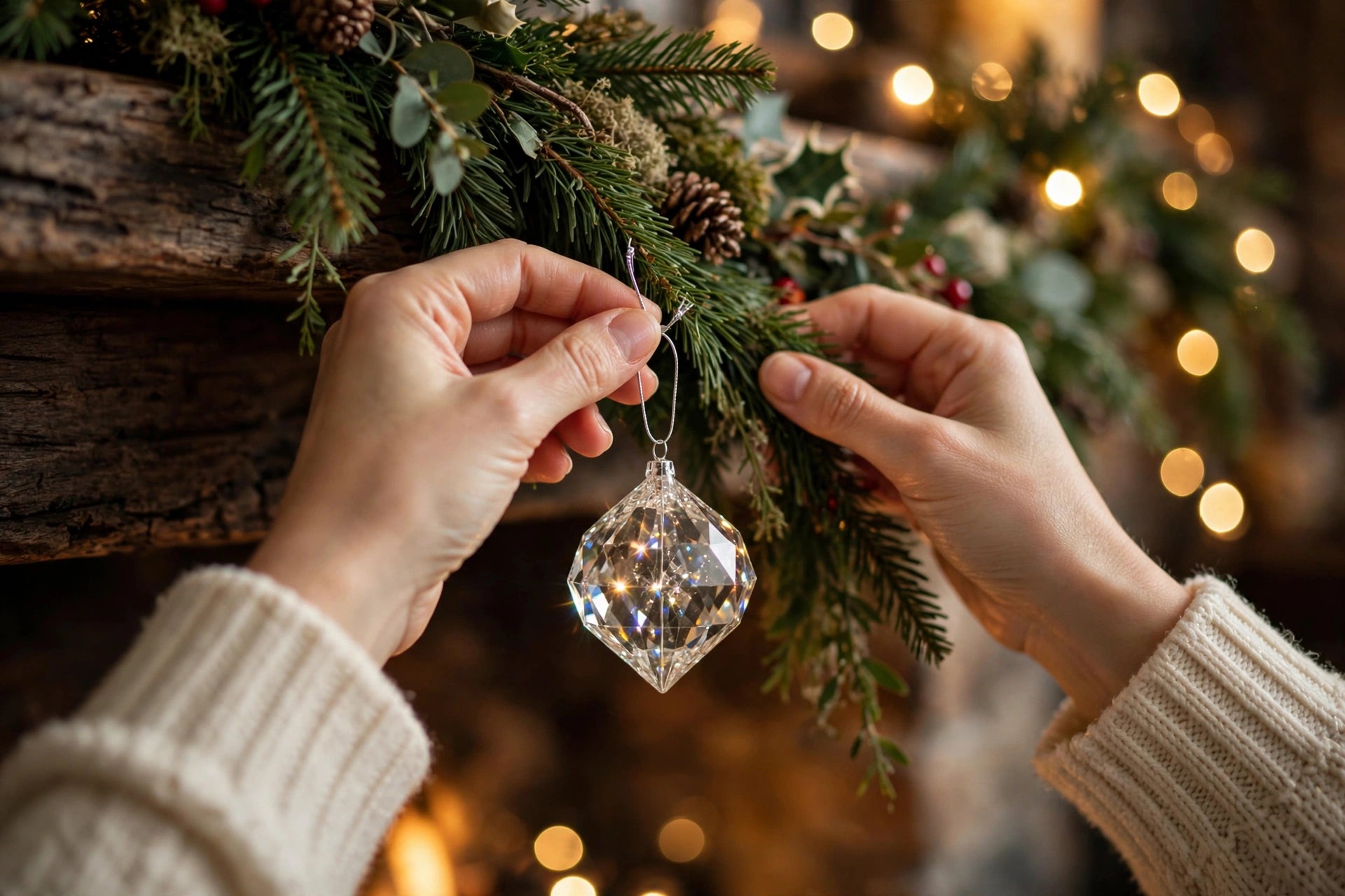 Hanging a sparkling ornament on the garland