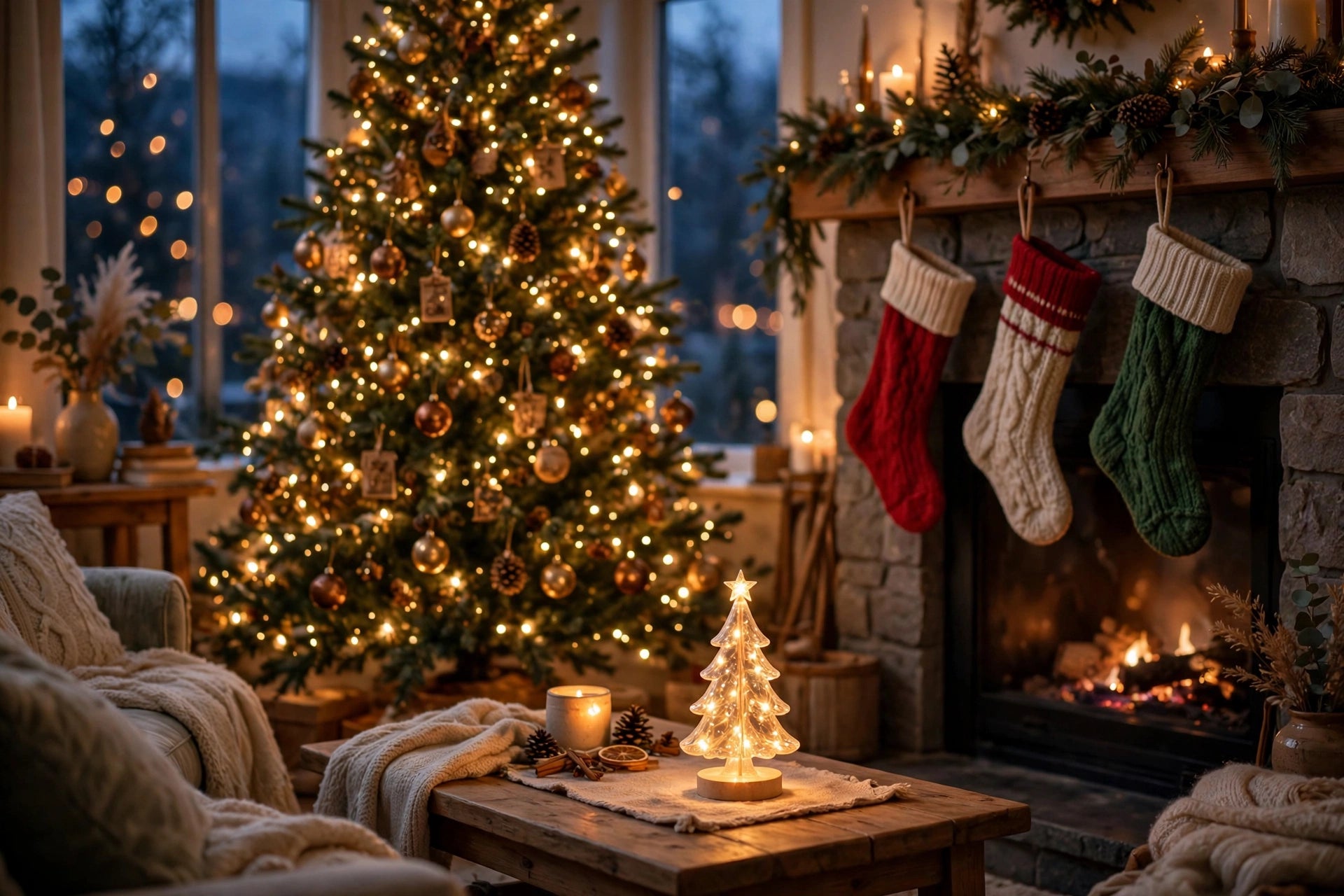 Glowing Christmas tree in a cozy living room