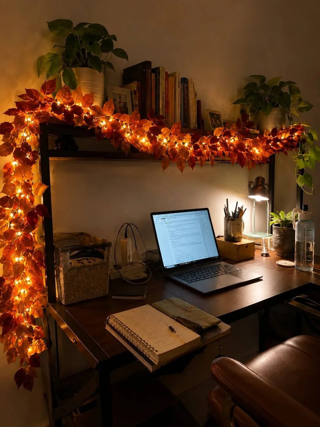 Autumn leaf garland with fairy lights brightening a desk and bookshelf corner