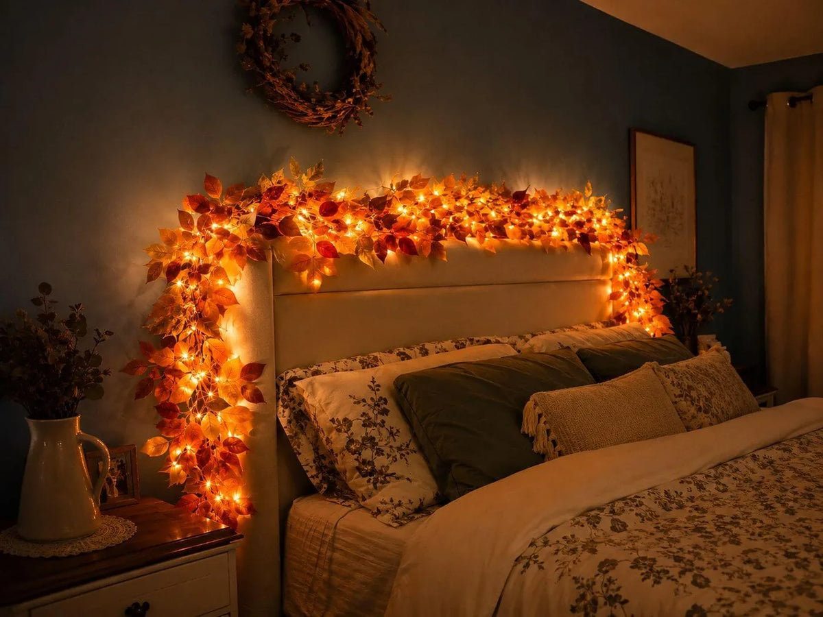 Light-up autumn leaf garland draped over a bedroom headboard for a cozy glow