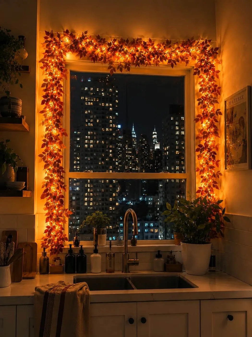 Light-up autumn leaf garland glowing around a kitchen window at night