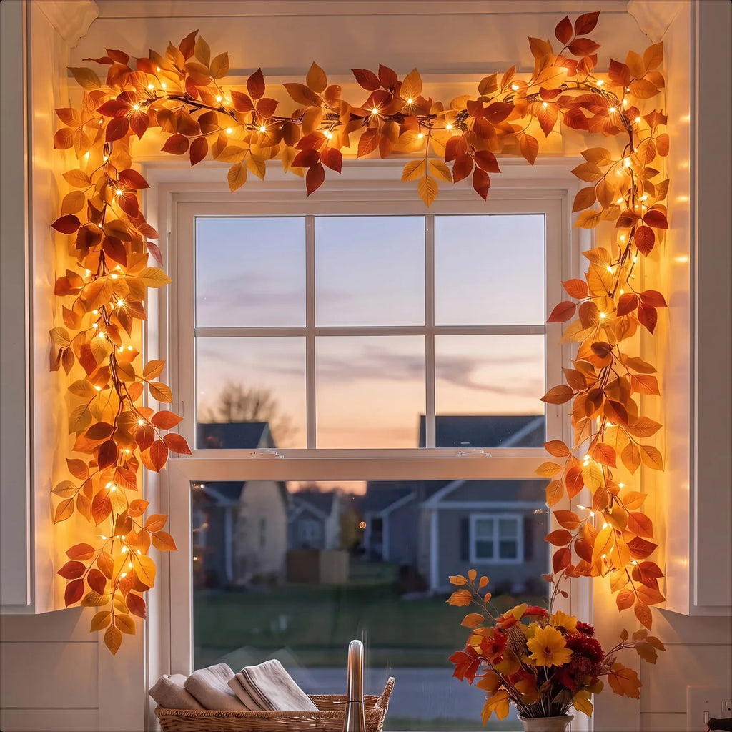 Autumn leaf garland with warm fairy lights framing a bright window