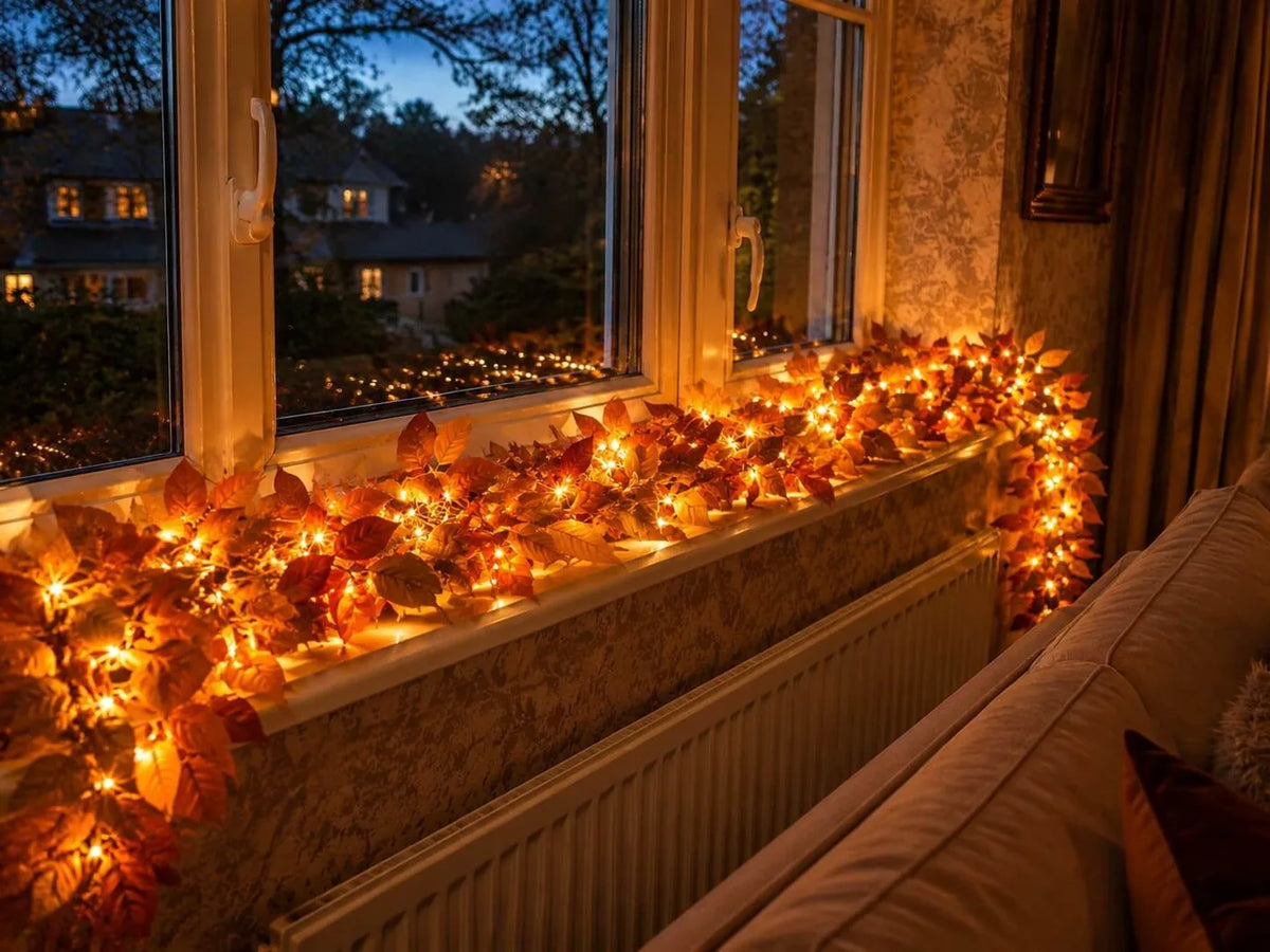 Light-up autumn leaf garland along a windowsill in the evening