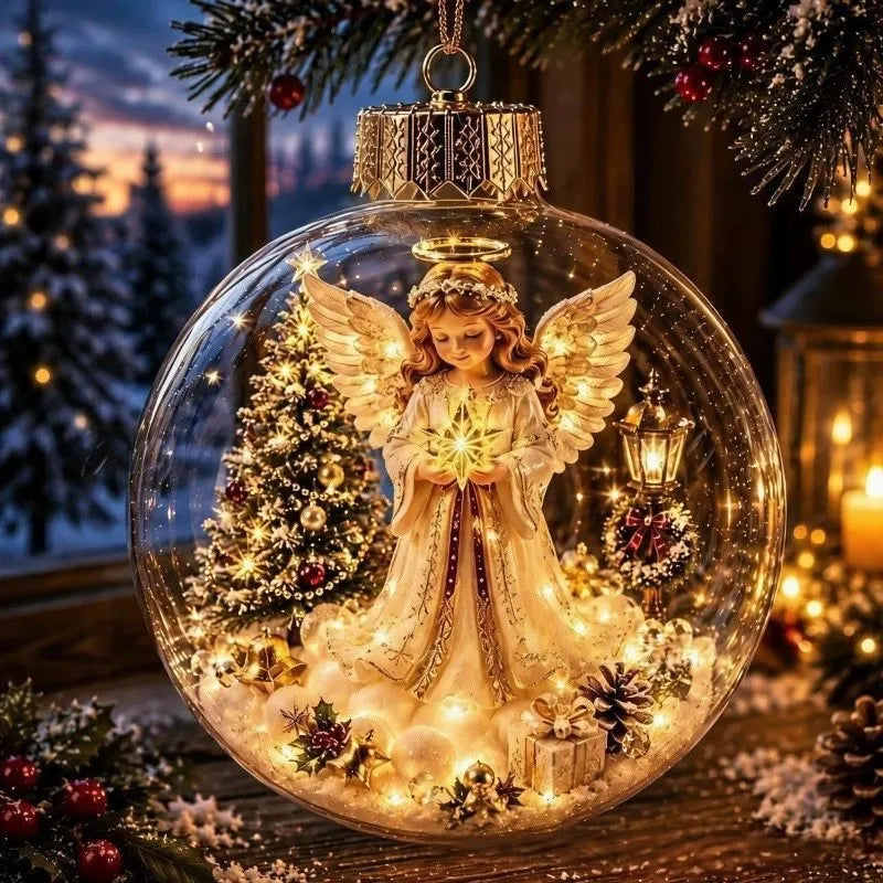 Light-up crystal ball Christmas ornament with a glowing angel holding a star inside