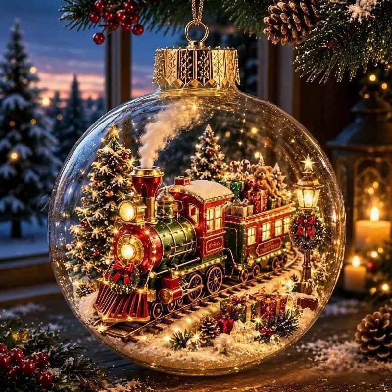 Light-up crystal ball Christmas ornament with a glowing Christmas steam train carrying gifts inside