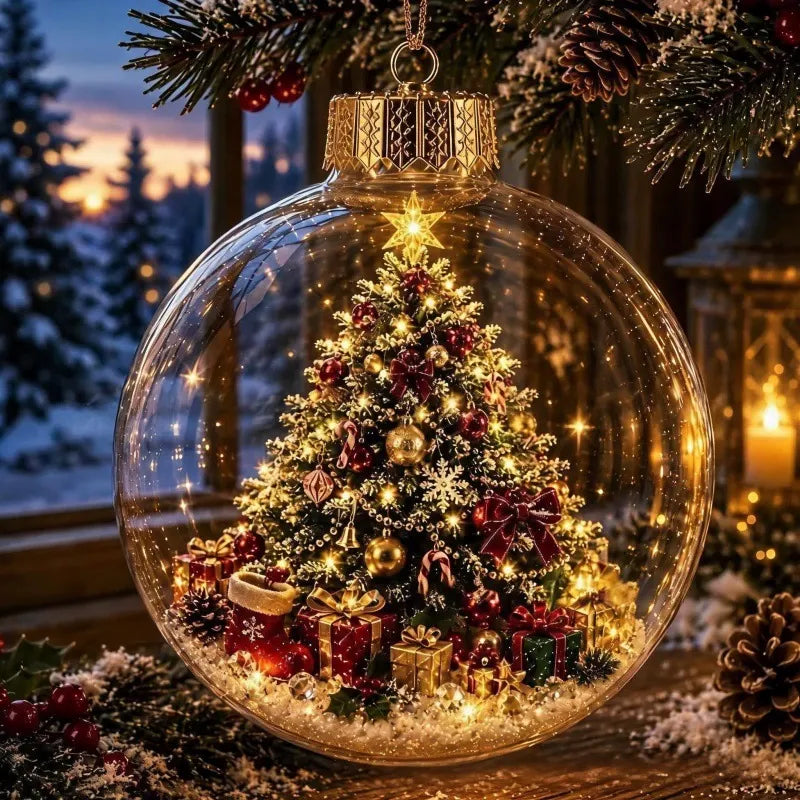 Light-up crystal ball Christmas ornament with a decorated glowing Christmas tree and gifts inside