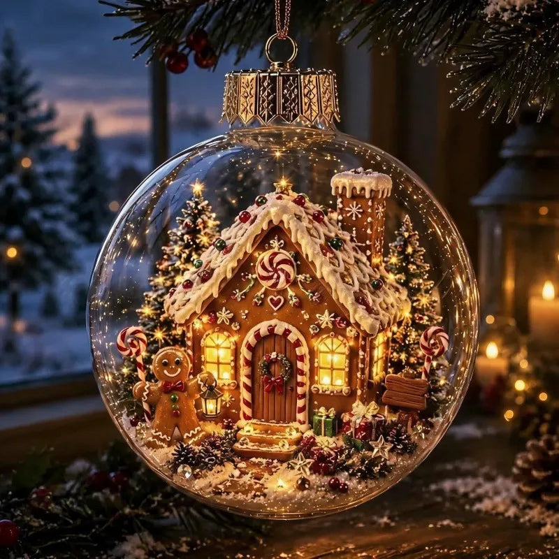 Light-up crystal ball Christmas ornament with a glowing gingerbread house and gingerbread man inside