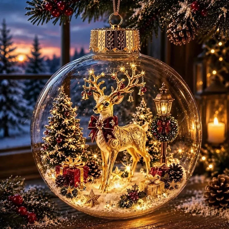 Light-up crystal ball Christmas ornament with a golden reindeer with bells on its antlers inside