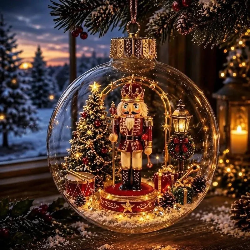 Light-up crystal ball Christmas ornament with a nutcracker king soldier scene inside