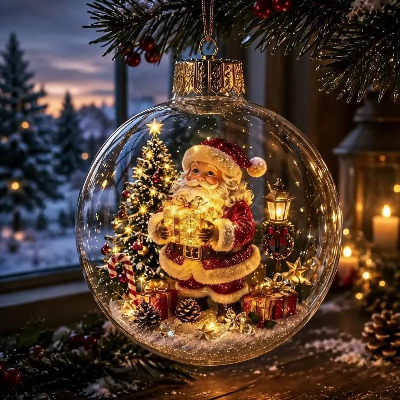 Light-up crystal ball Christmas ornament with a glowing Santa Claus scene inside, hanging on a Christmas tree