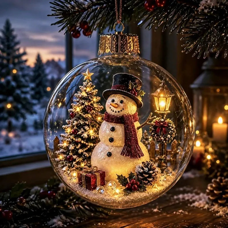 Light-up crystal ball Christmas ornament with a glowing snowman in a top hat and red scarf inside