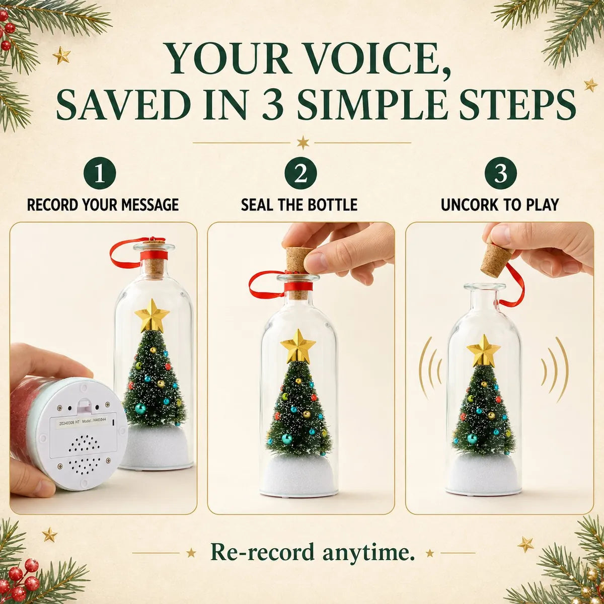 How it works in 3 steps: record your message, seal the bottle with the cork, uncork to play — re-record anytime