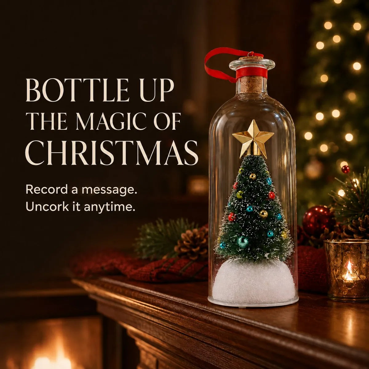 Bottle up the magic of Christmas — record a message, uncork it anytime, display it by the fireplace